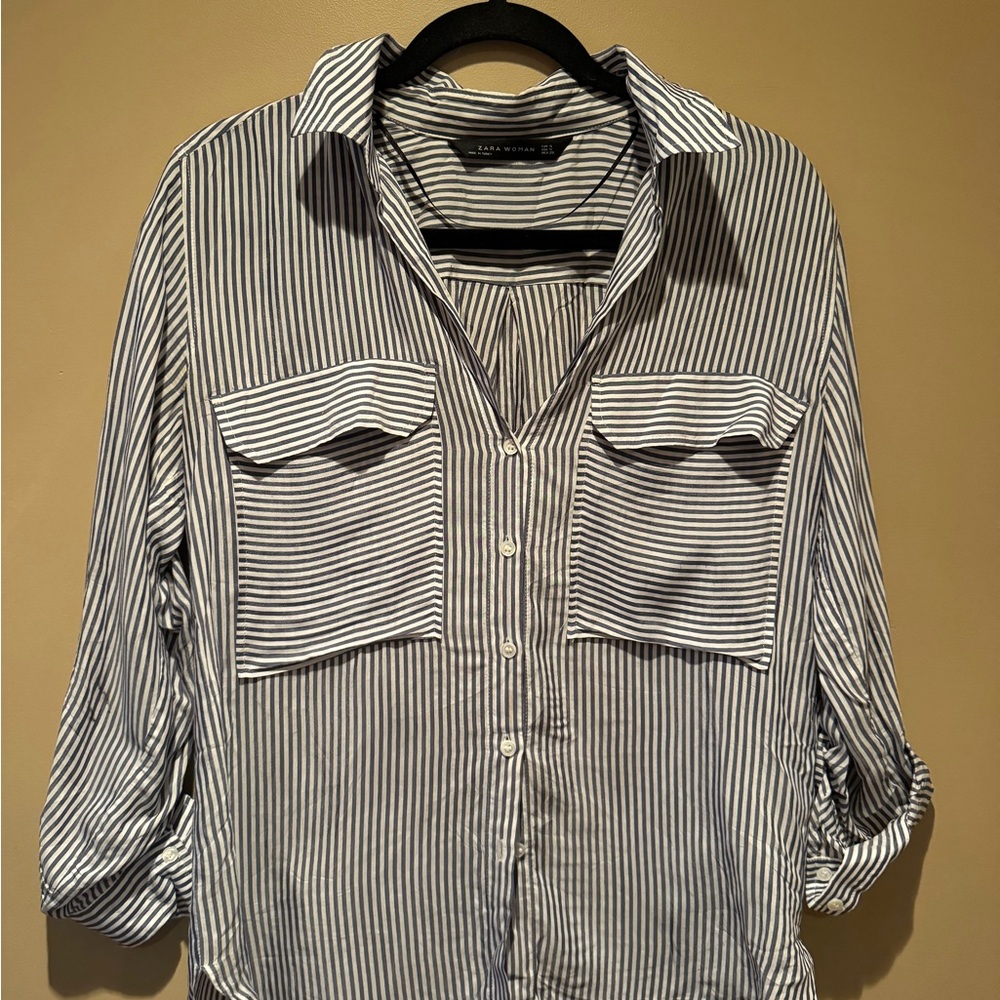 Zara Blue and White Striped Button Down Shirt